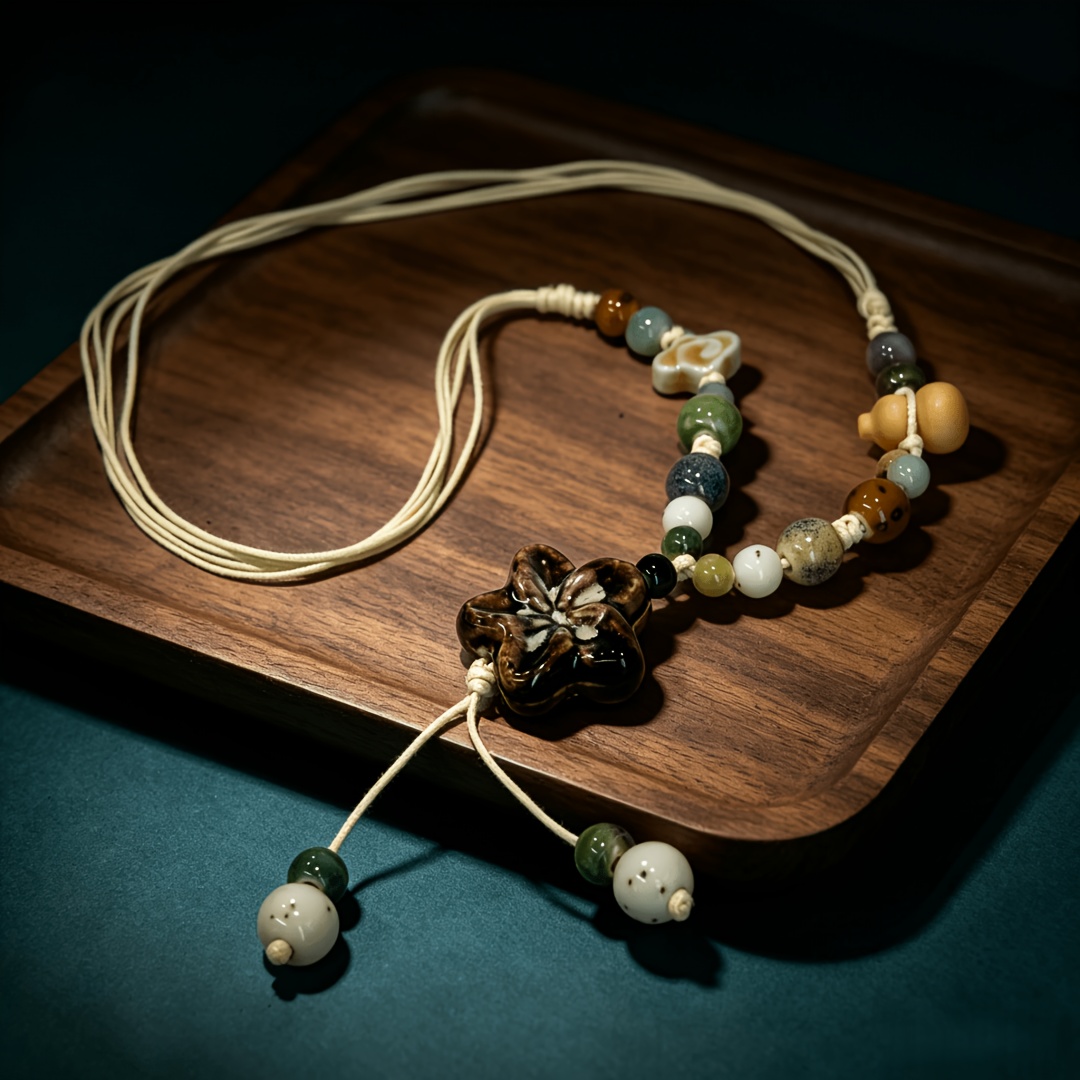 National Style Color-Blocking Beaded Tassel Necklace, Retro Design